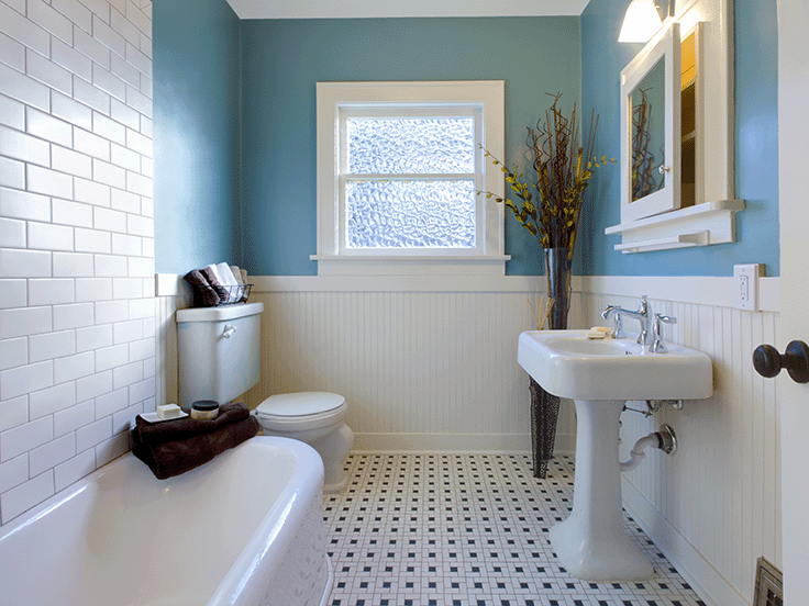 Antique luxury design of blue bathroom with PVC beadboard
